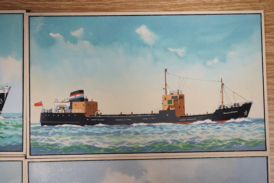 Harry Hudson Rodmell (1896-1984), six original gouaches on card for postcard designs, Merchant Shipping scenes to include MV Container Enterprise, MT Boston Arrow and MV Caxton, one signed, 12 x 20cm, unframed. Condition